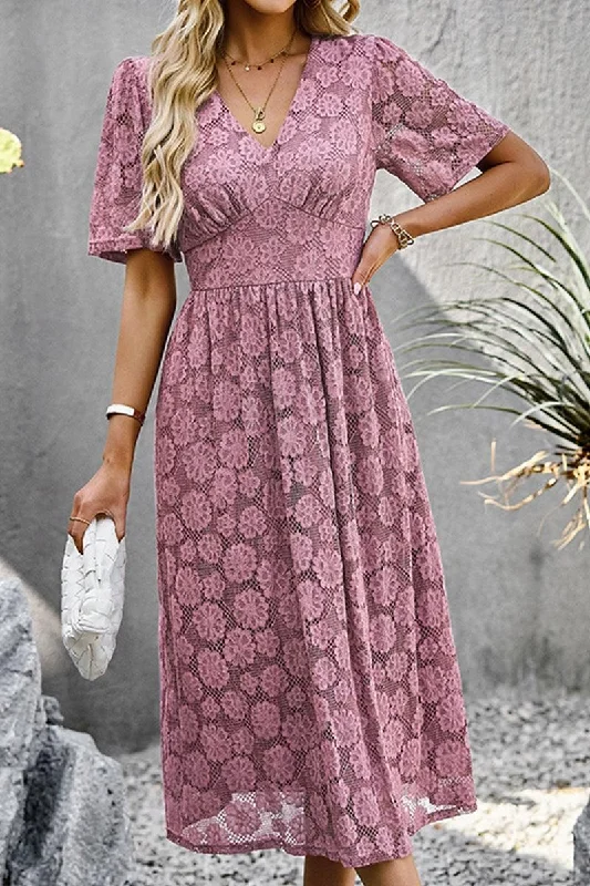 V NECK EMBROIDERY SLIM WAIST DRESS Off-the-shoulder Chic Trendy