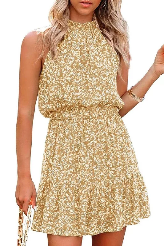 FLORAL TIGHTEN WAIST SHORT HALTER NECK DRESS Tunics Spring floral