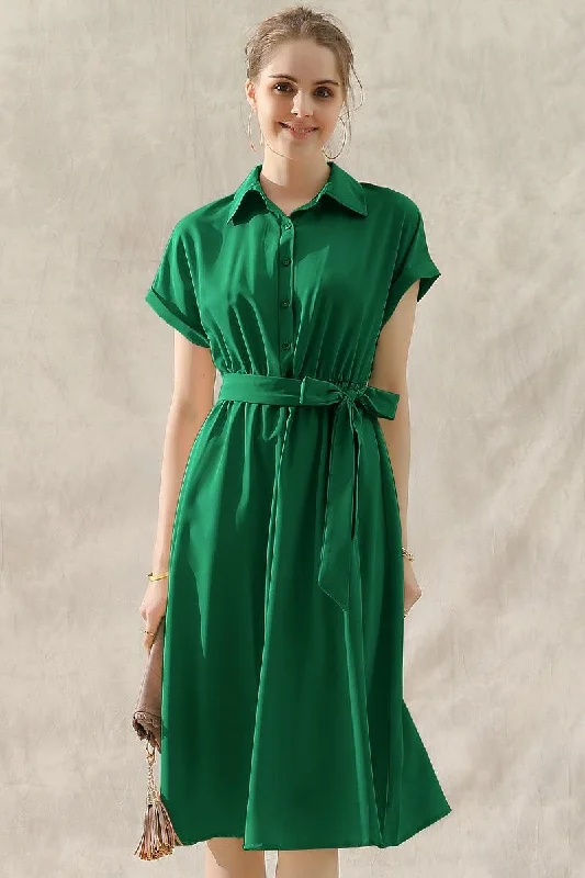 ROLL UP SLEEVE TIED WAIST FLARE SHIRTS DRESS Boat Neckline Classic