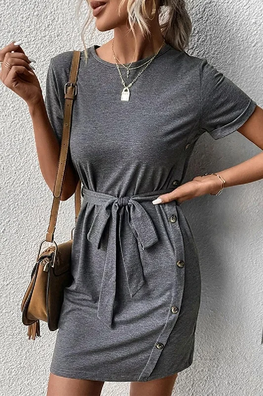 SIDE BUTTON POINT TIED WAIST ROLL UP SLEEVE DRESS Tunics Stylish elegant
