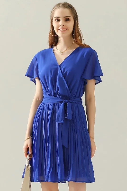 TIED WAIST PLATED V NECK CHIFFON DRESS Tunics Winter warm