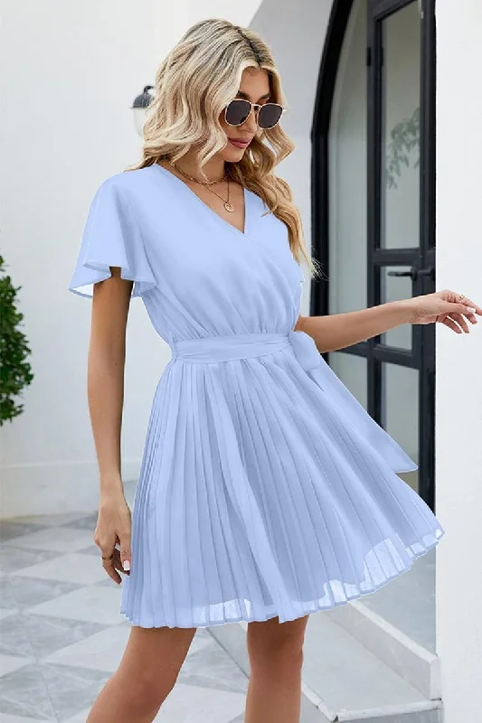TIED WAIST PLATED V NECK CHIFFON DRESS Tunics Chic fashionable
