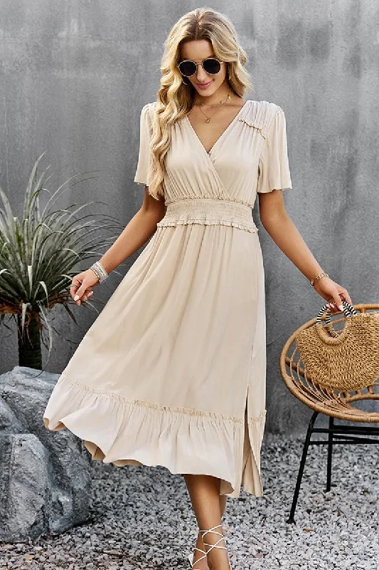WIDE SLEEVE TIGHTEN WAIST SLIT RUFFLED DRESS Tunics Luxurious premium