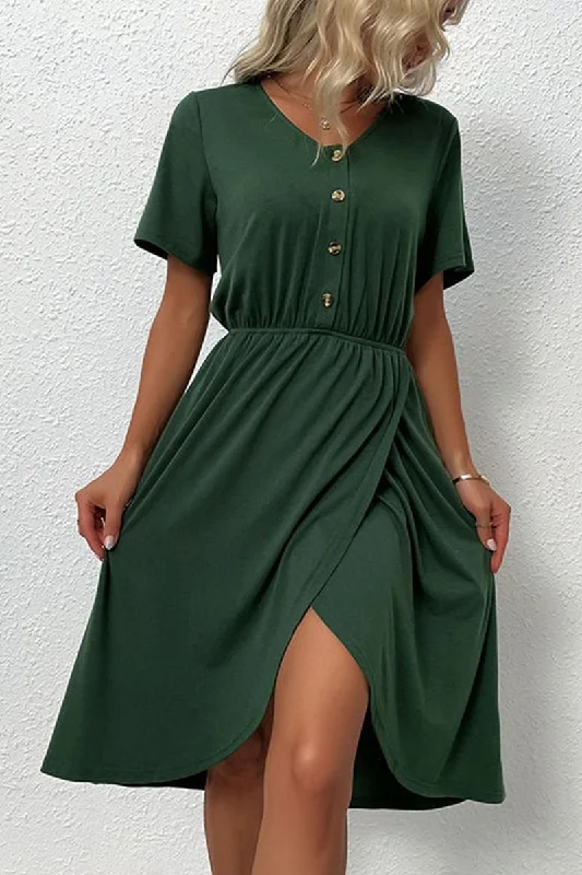 BUTTON POINT TIGHTEN WAIST SLIT DRESS Tunics Brand named