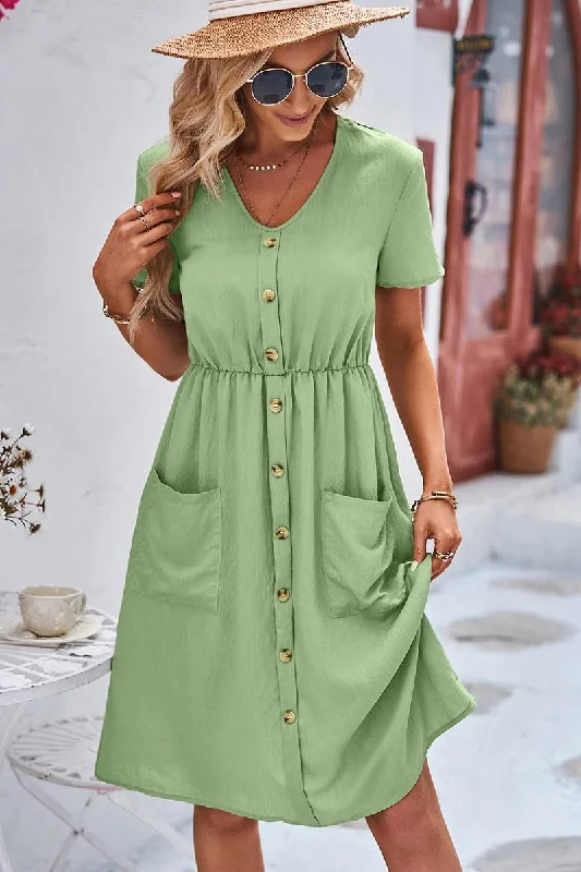 BIG POCKET BUTTON TIGHTEN WAIST SHORT DRESS Tunics Custom made