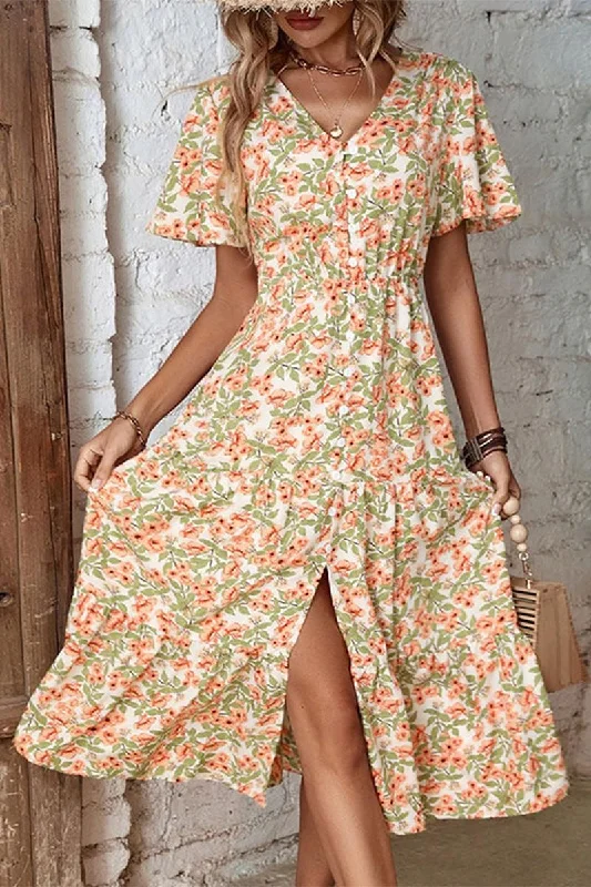 WOMEN FLORAL BUTTON DOWN CAPE SLEEVE V NECK DRESS Tunics Long Elegant