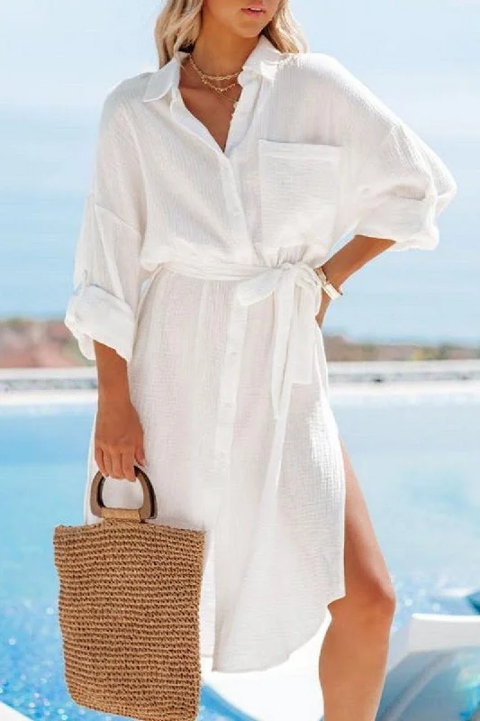 WOMEN BELTED WAIST BUTTON UP SHIRTS DRESS Tunics Fleece cozy