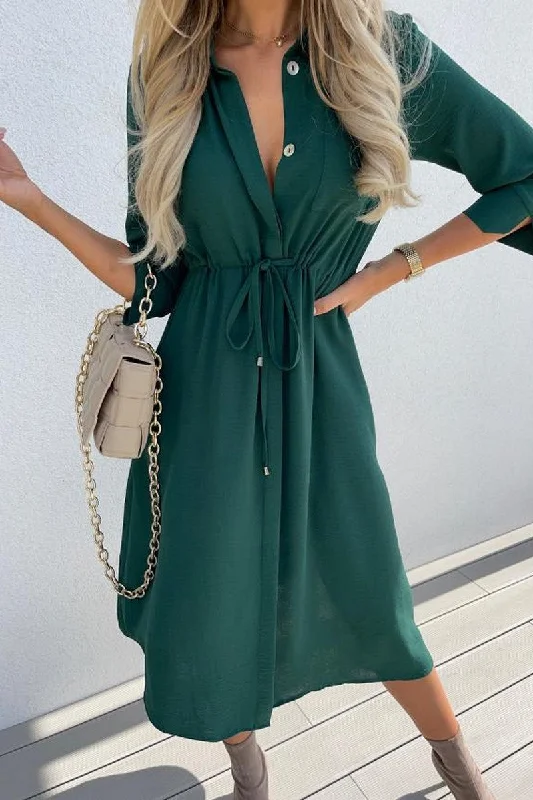 WOMEN DRASTRING WAIST BUTTON DOWN LONG DRESS Tunics Chinos classic