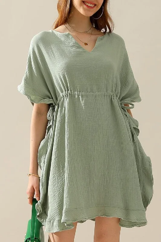 SOFT COTTON DRAWSTRING WAIST WITH RUFFLE HEM DRESS Tunics Stylish modern