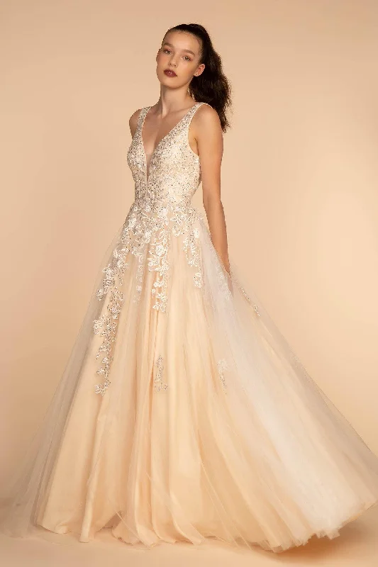 Jewel Embellished Illusion Deep V-Neck Long Dress Cowl Neckline Elegant