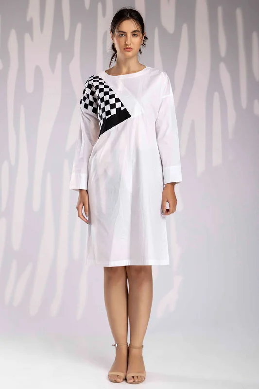 Matted Long Dress - White Boat Neckline Classic
