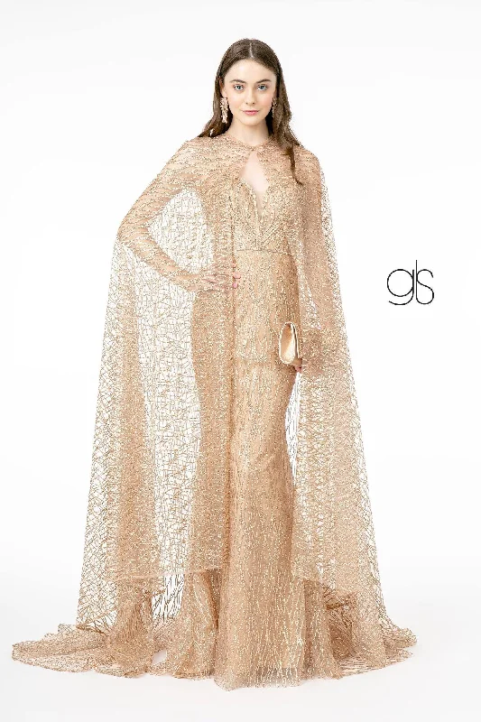 Jewel Embellished Bodice Long Prom Dress with Cape Sale Tunic Top Casual