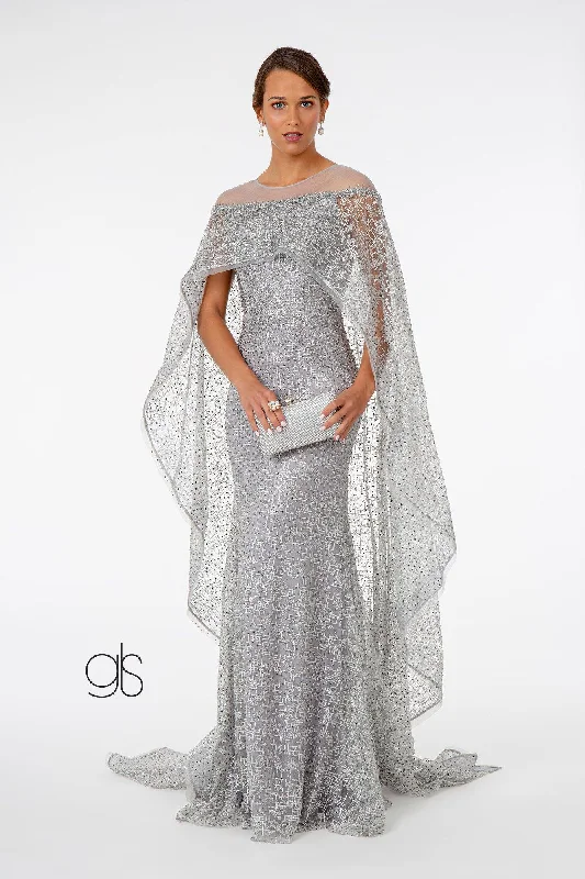 Lace Embellished Prom Long Dress with Attached Cape Tunic Top Casual