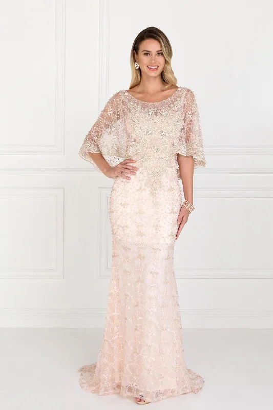 Long Plus Size Cape Sleeve Formal Prom Gown Boatneck Modish Everyday