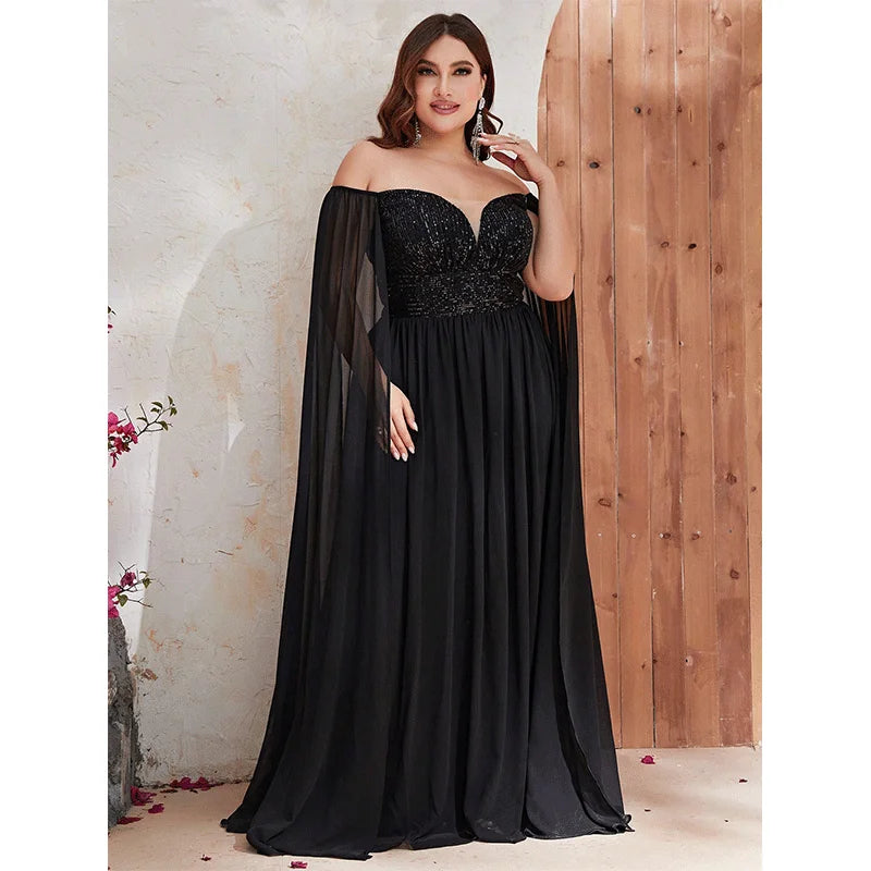 Plus Size Off Shoulder Cape Sleeve Sequin Evening Gown Tunics Evening elegant