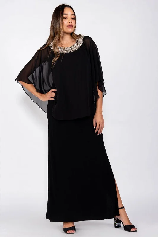 R&M Richards 2328 Long Formal Chiffon Cape Dress Black Tunics Satin smooth