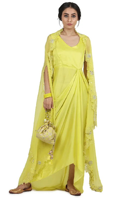Satin Cape Electric Yellow Dress With Tunics Solid Classic