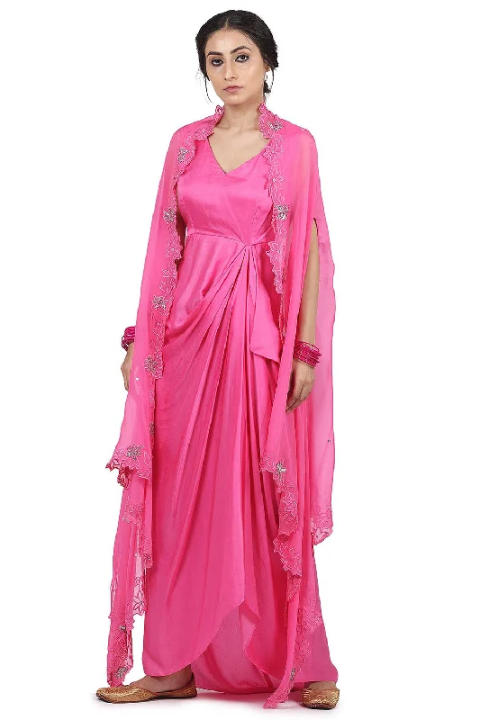 Satin Cape Pink Dress With Tunics Print Colorful
