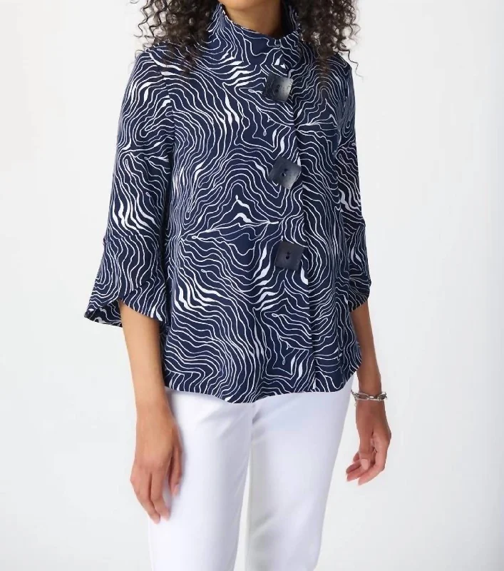 Abstract Puff Print Silky Knit Jacket In Blue Mesh Jacket Canvas Jacket Denim Jacket