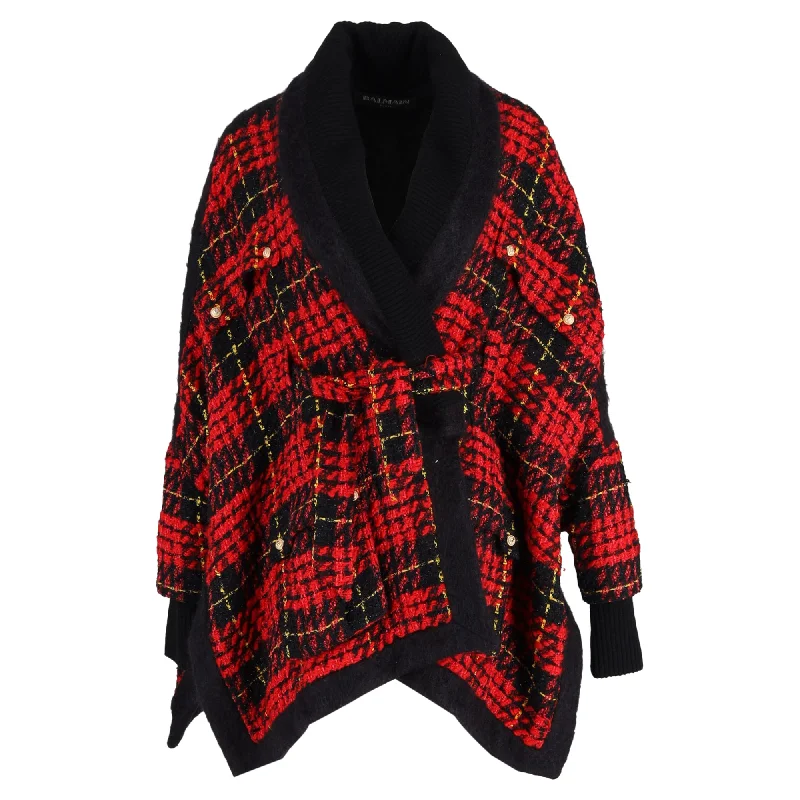Balmain Oversized Tartan Tweed Jacket In Red Polyester Faux Fur Jacket Real Fur Jacket Shearling Jacket