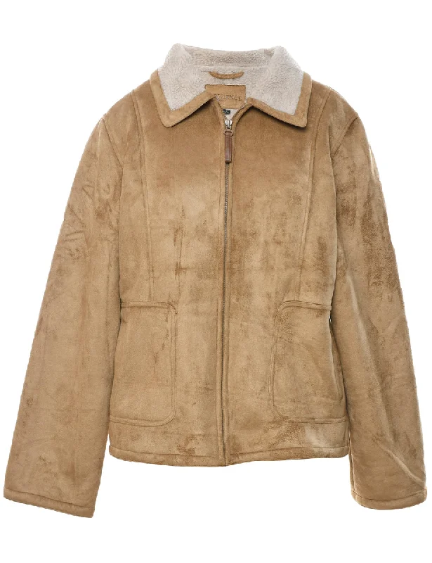 Beige Suede Faux Shearling Lined Jacket - L