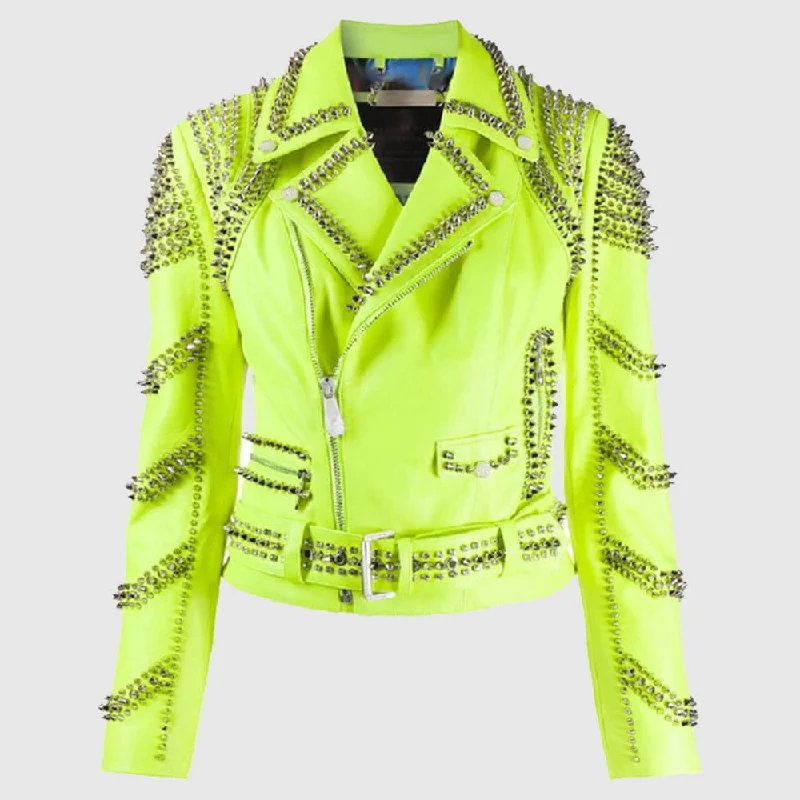 Brando Green Spiked Leather Lapel Fastener Women Studded Jacket