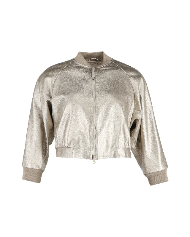 Brunello Cucinelli Cropped Bomber Jacket in Gold Leather Herringbone Jacket Checkered Jacket Solid Jacket