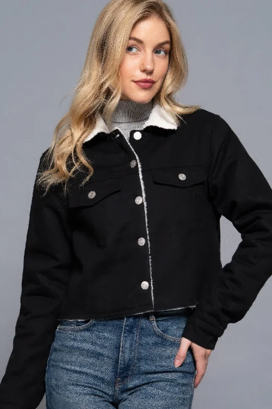 Button Closure Sherpa-lined Twill Jacket Elasticated Jacket Padded Jacket Insulated Jacket