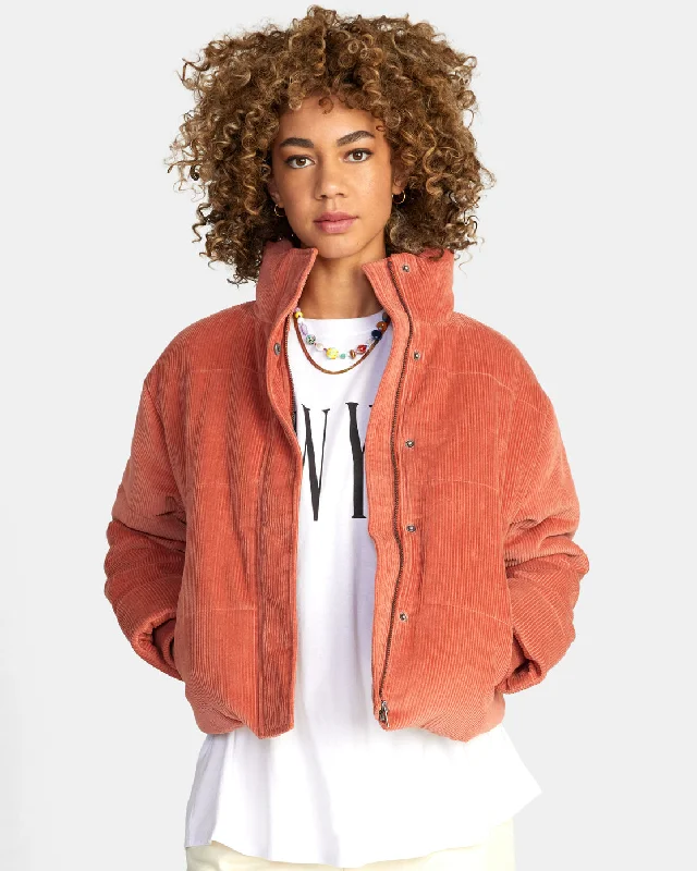 Eezeh Corduroy Puffer Jacket - Cinnamon Snapped Jacket Toggled Jacket Drawstring Jacket