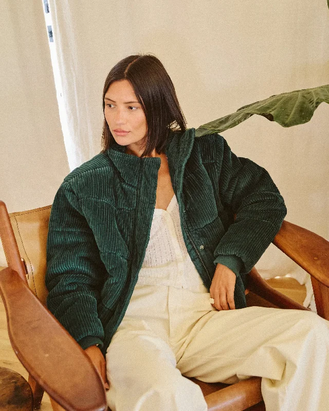 Eezeh Corduroy Puffer Jacket - Ponderosa Pine Stand-Up Collar Roll-Neck Collar Turtle Neck