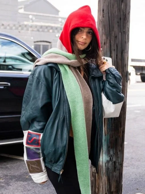 Emily Ratajkowski Knicks Game Leather Jacket Collared Jacket Crew Neck Jacket Turtle Neck Jacket