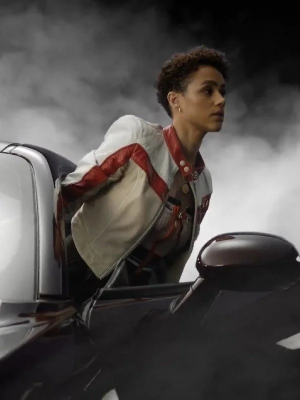 Fast X Nathalie Emmanuel White Leather Jacket Striped Jacket Polka Dot Jacket Floral Jacket
