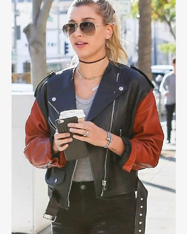Hailey Baldwin Motorcycle Jacket Stand-Up Collar Roll-Neck Collar Turtle Neck