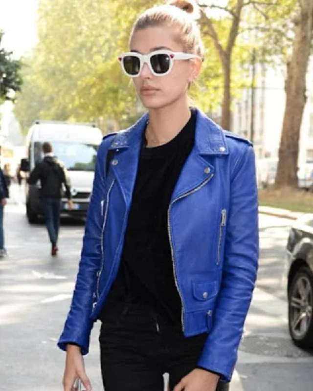 Hailey Bieber Blue Leather Jacket Notch Collar Jacket Peter Pan Collar Jacket Cowl Neck Jacket