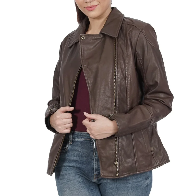 Kiara Zipper Brown Leather Jacket Toggled Jacket Drawstring Jacket Belted Jacket