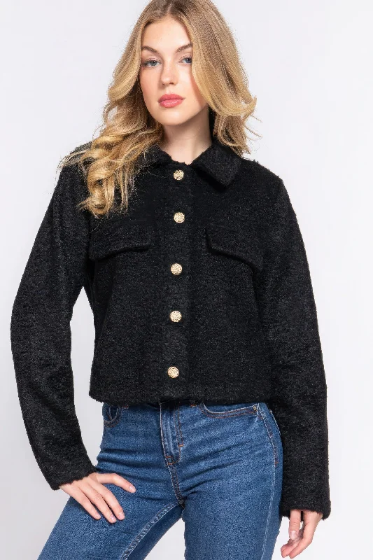 Long Slv Teddy Fleece Short Jacket Boat Neck Shawl Collar Notched Collar