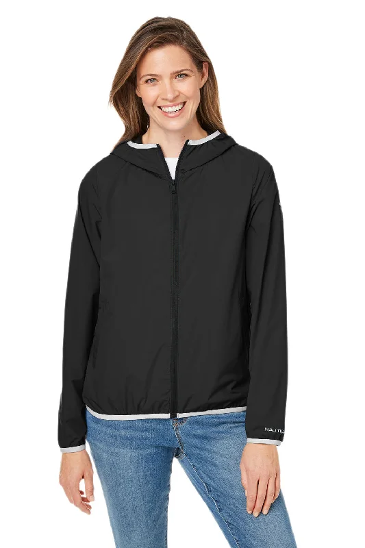 Nautica Womens Stillwater Water Resistant Full Zip Hooded Windbreaker Jacket - Black