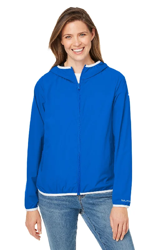 Nautica Womens Stillwater Water Resistant Full Zip Hooded Windbreaker Jacket - Royal Blue