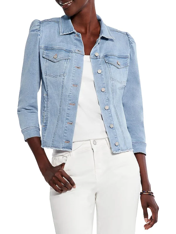 Petites Womens Frayed Hem Short Denim Jacket