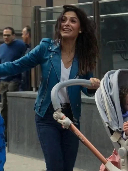 Sex Life Sarah Shahi Blue Leather Jacket Wool Fabric Cashmere Fabric Tweed Fabric