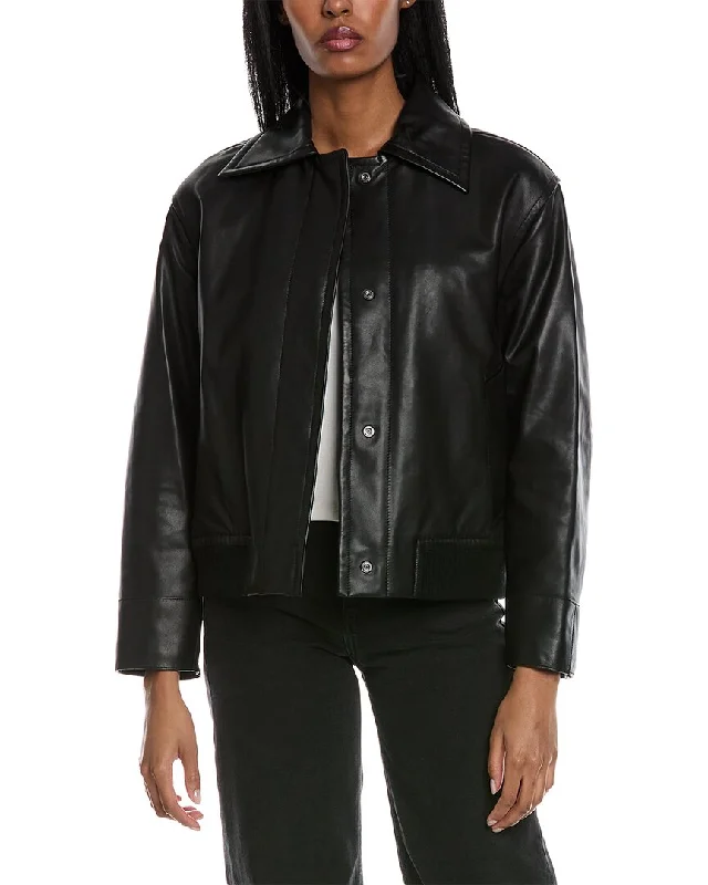 Vince Leather Bomber Jacket Snapped Jacket Toggled Jacket Drawstring Jacket