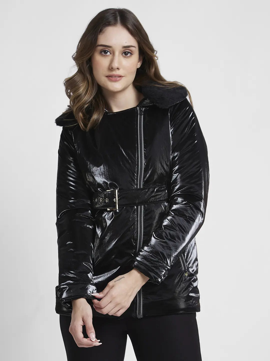 Spykar Women Black Regular Fit High Neck Plain Jacket Front Pockets Side Pockets Patch Pockets