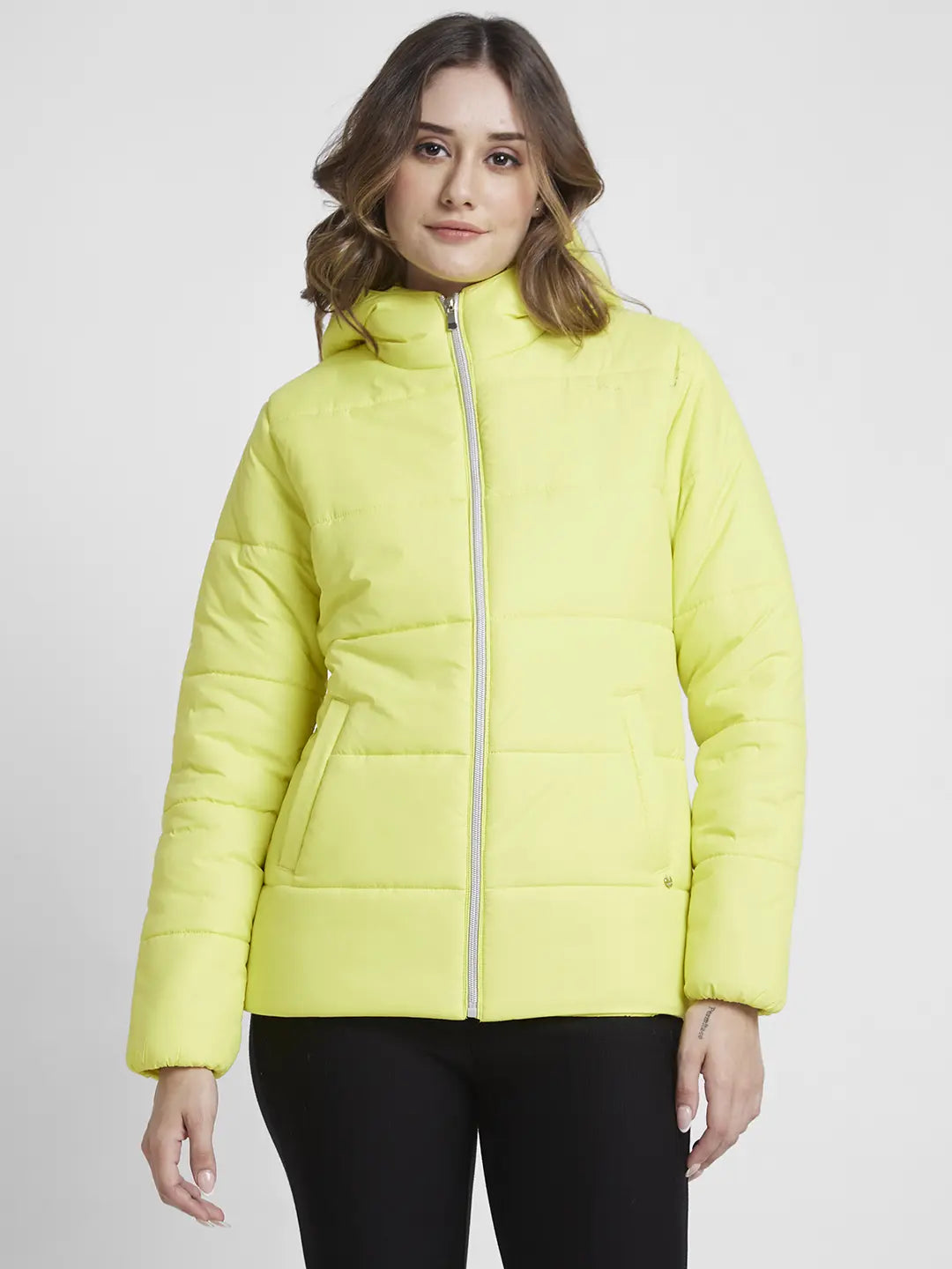 Spykar Women Neon Green Regular Fit Hooded Plain Jacket Striped Jacket Polka Dot Jacket Floral Jacket