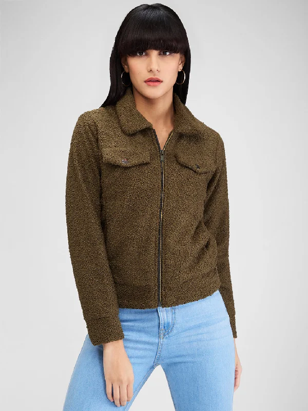Spykar Green Full Sleeves Solid Jacket For Women Herringbone Jacket Houndstooth Jacket Plaid Jacket