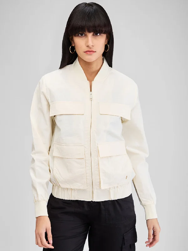 Spykar White Full Sleeves Solid Jacket For Women Cotton Fabric Linen Fabric Terry Fabric