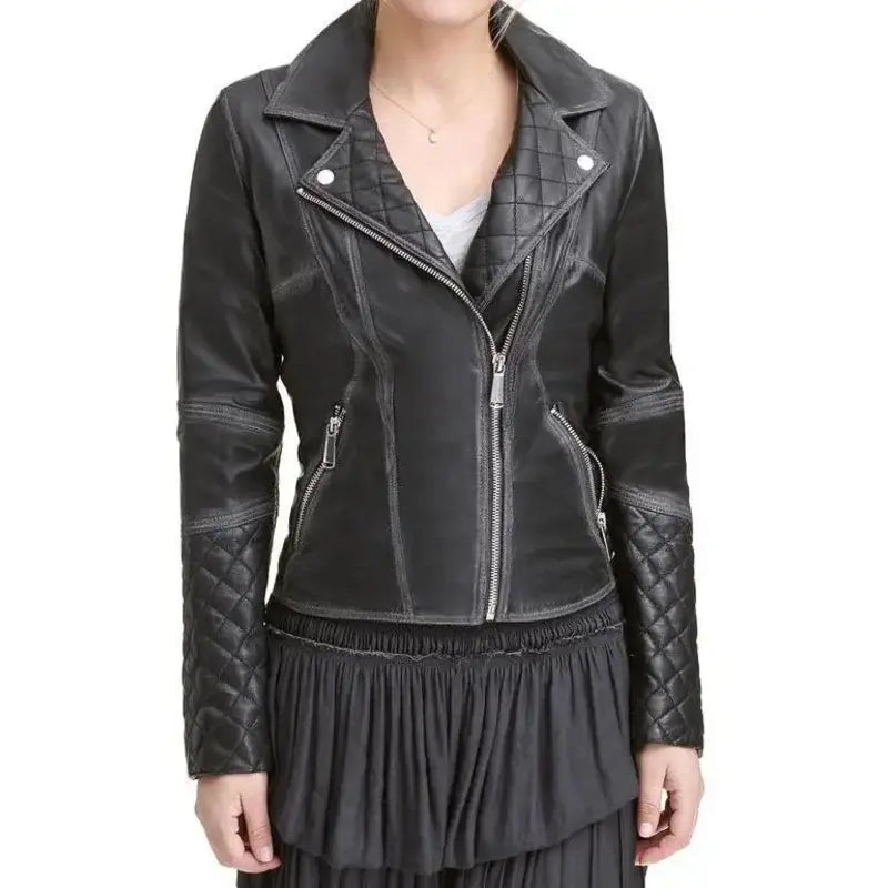 Women Black Quilted Leather Jacket Welt Pockets Slit Pockets Flap Pockets