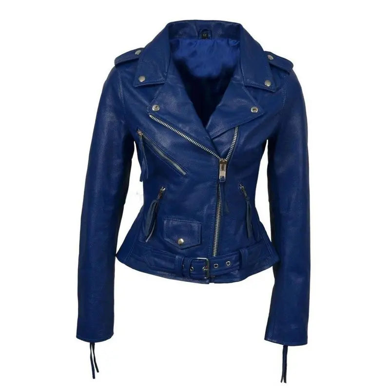 Womens Blue Biker Jacket Boat Neck Shawl Collar Notched Collar