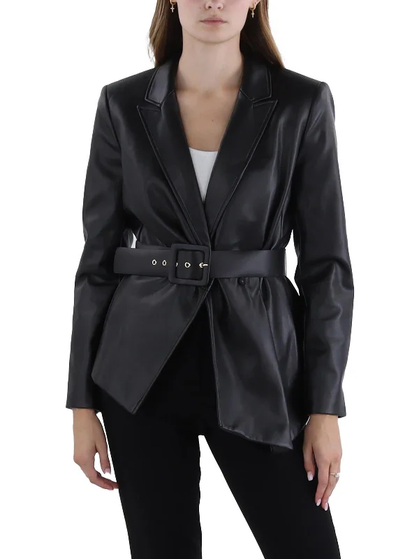 Womens Faux Leather Belted Leather Jacket Notch Collar Peter Pan Collar Cowl Neck