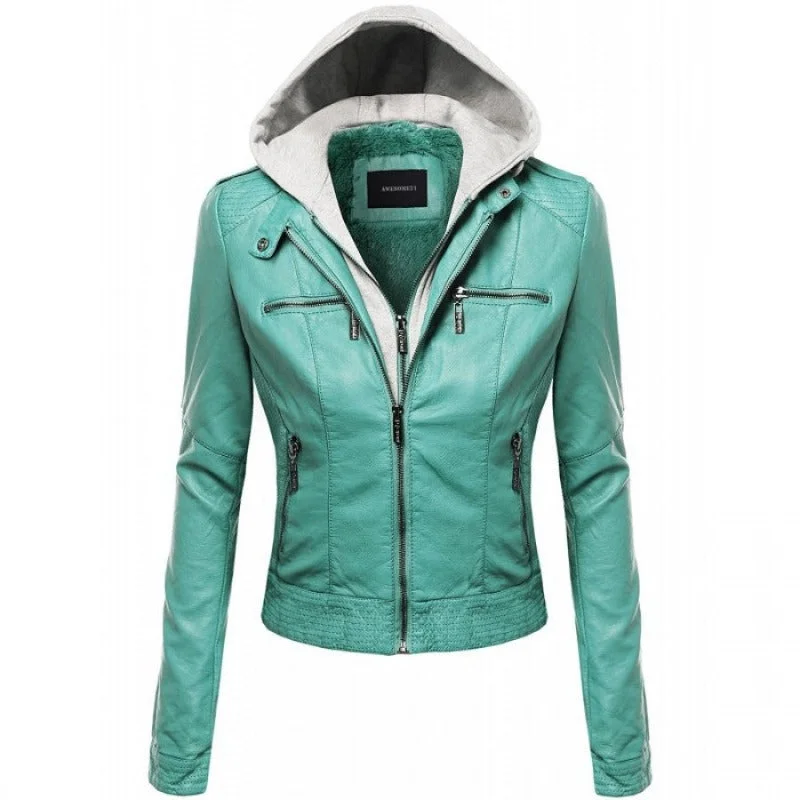 Women's Faux Leather Detachable Hood Biker Bomber Jacket Notch Collar Jacket Peter Pan Collar Jacket Cowl Neck Jacket