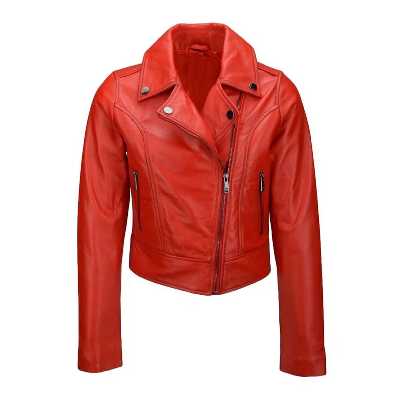 Women's Motorcycle Red Leather Jacket Trench Coat Raincoat Waterproof Jacket